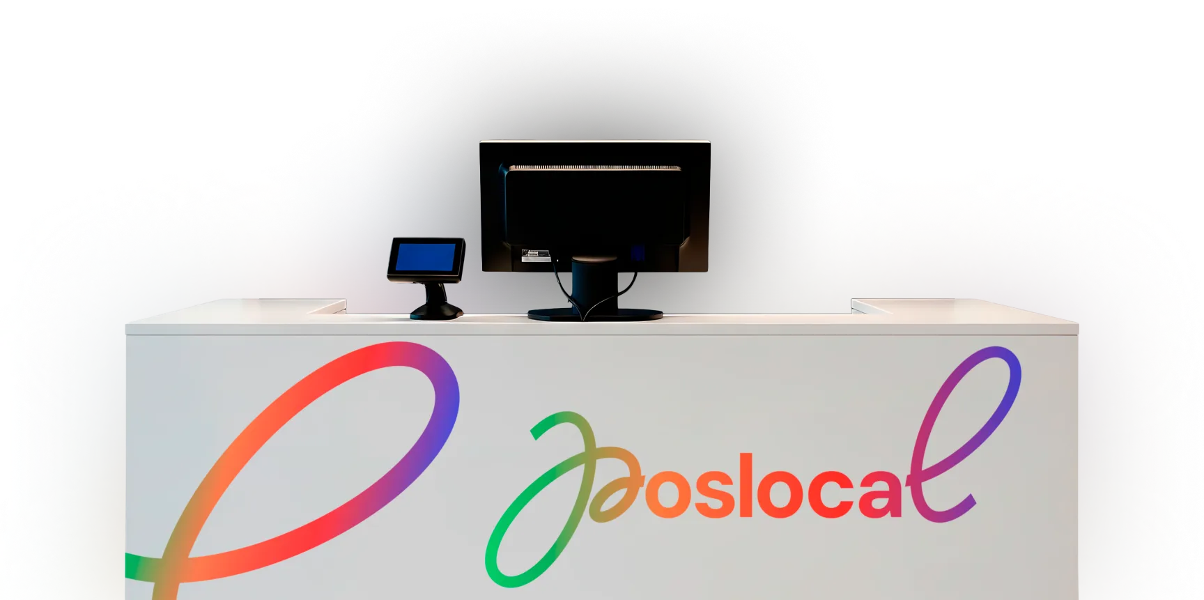 Mostrador de recepción con terminal de punto de venta y la marca PosLocal