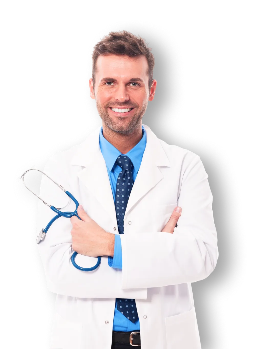 Médico con bata blanca y estetoscopio